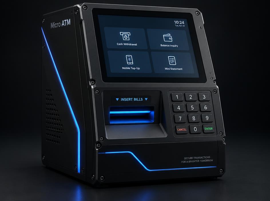 Money Roll micro-ATM terminal, front isometric view